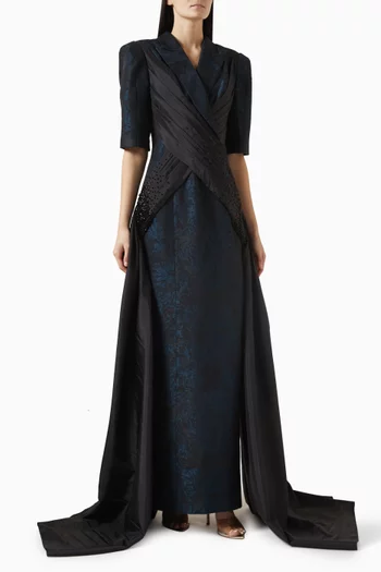 Side-train Gown in Rose Brocade & Taffeta