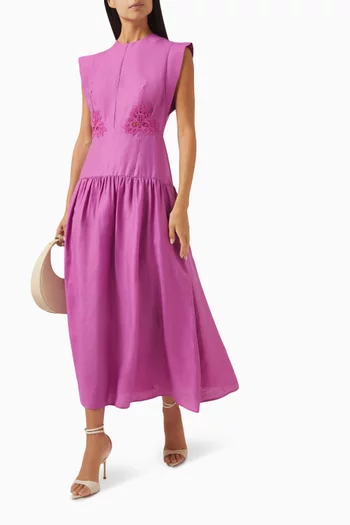 Floral Embroidered Midi Dress in Linen-blend