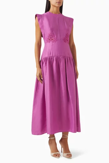 Floral Embroidered Midi Dress in Linen-blend