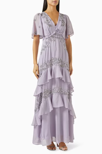 Floral Bead-embellished Ruffle Dress
