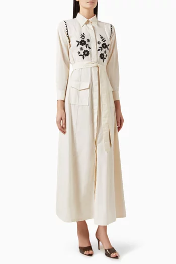 Floral Embroidered Shirt Maxi Dress in Cotton Poplin