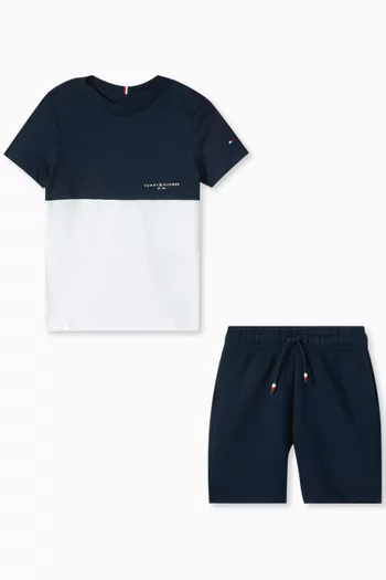 Colour-blocked T-shirt & Sweat Shorts Set in Cotton Blend