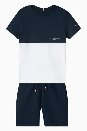 Colour-blocked T-shirt & Sweat Shorts Set in Cotton Blend
