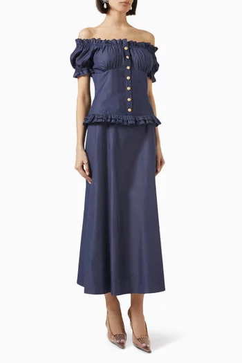 Off-shoulder Midi Dress in Cotton Chambray
