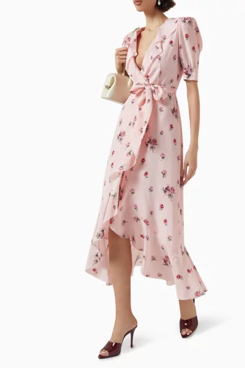 Rose-print Wrap Midi Dress in Silk