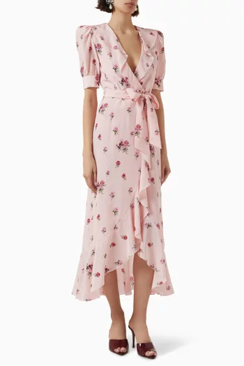 Rose-print Wrap Midi Dress in Silk