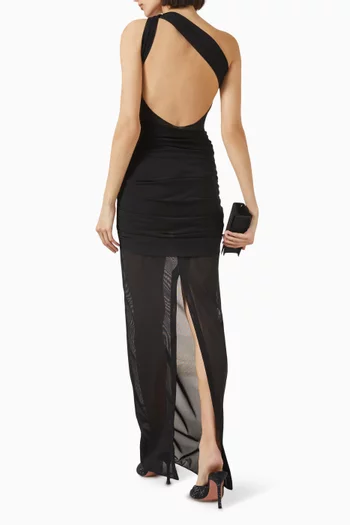 One-shoulder Ruched Gown in Mesh