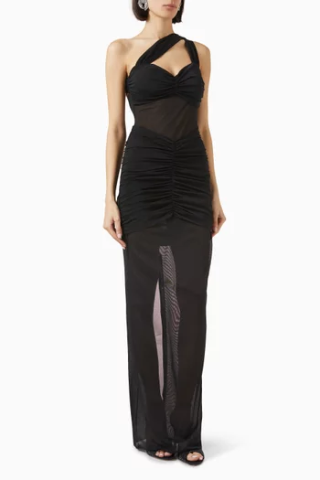 One-shoulder Ruched Gown in Mesh