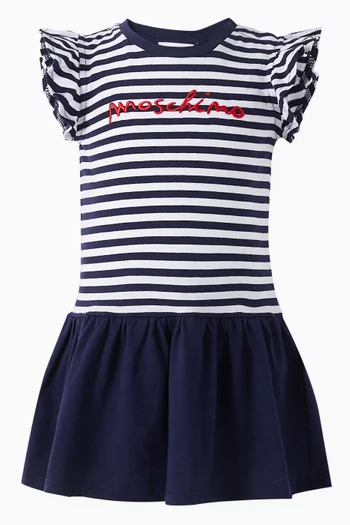 Striped Logo Ruffle Dress in Cotton