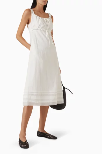 Shirred Ribboned Midi Dress in Cotton