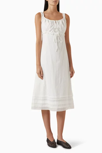 Shirred Ribboned Midi Dress in Cotton
