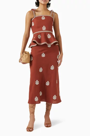 Mina Embroidered Midi Skirt in Linen