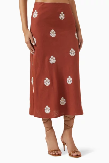 Mina Embroidered Midi Skirt in Linen