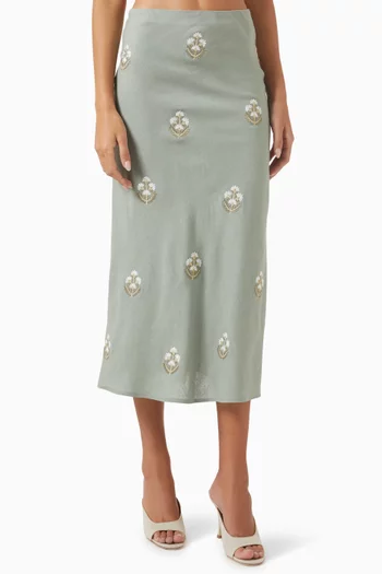 Mina Embroidered Midi Skirt in Linen