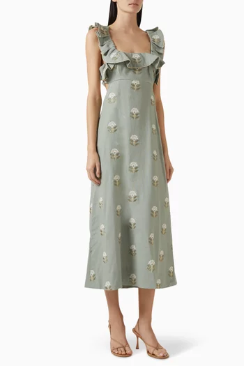 Malika Floral-embroidered Dress in Linen