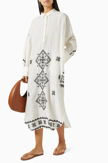 Embroidered Maxi Shirt Dress in Ramie-blend