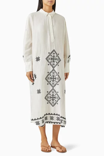 Embroidered Maxi Shirt Dress in Ramie-blend