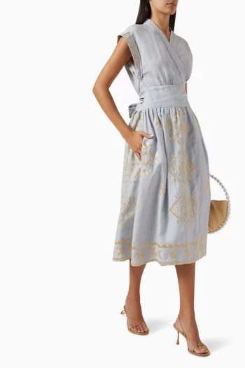 Embroidered Midi Dress in Linen