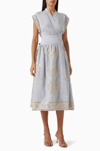 Embroidered Midi Dress in Linen