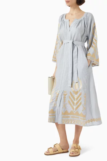 Embroidered Belted Midi Dress