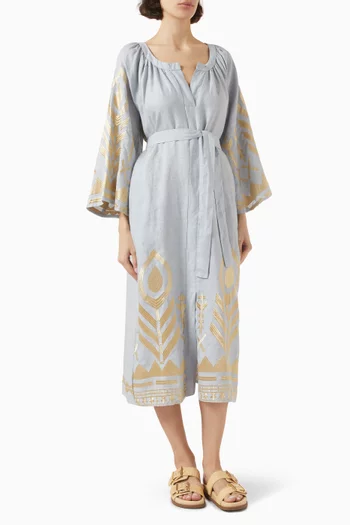 Embroidered Belted Midi Dress