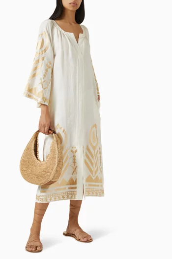 Embroidered Belted Midi Dress in Linen