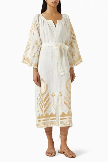 Embroidered Belted Midi Dress in Linen