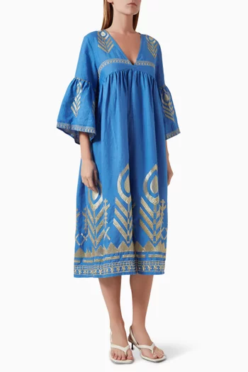 Embroidered Midi Dress in Linen