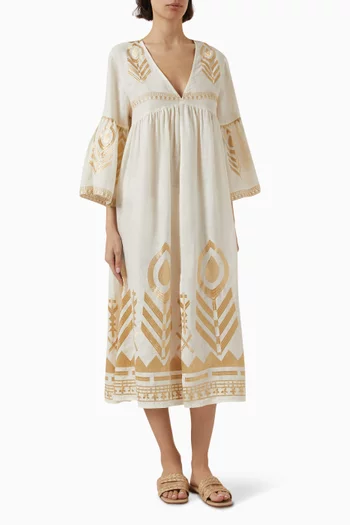 Embroidered Midi Dress in Linen