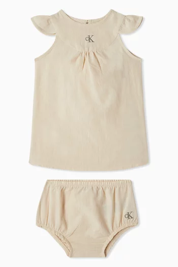 Logo Embroidered Flared Dress in Linen
