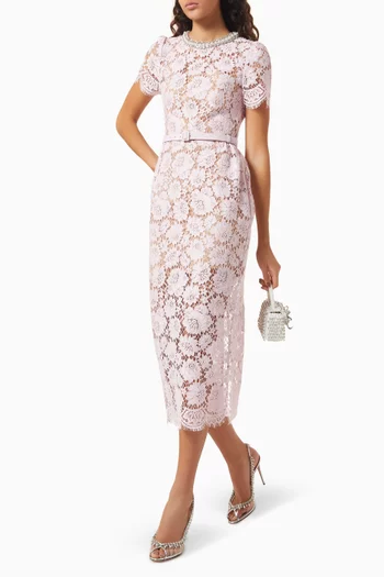 Pearl Diamanté-trim Midi Dress in Lace