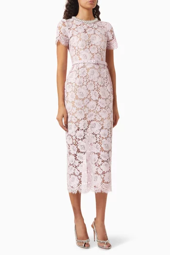 Pearl Diamanté-trim Midi Dress in Lace