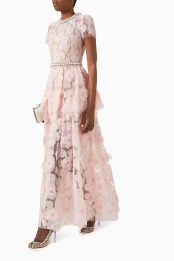 Pearl Diamanté-trim Maxi Dress in Tulle