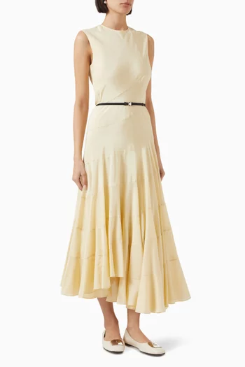 فستان متوسط الطول بحزام وقصة واسعة حرير وقطن