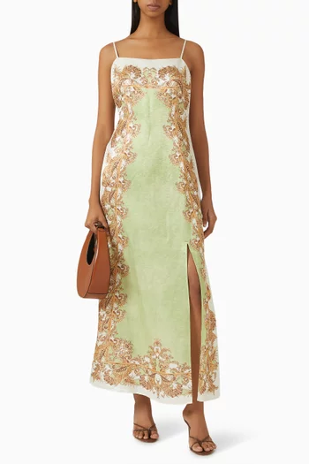 Torrent Slit Maxi Dress in Silk-linen Satin