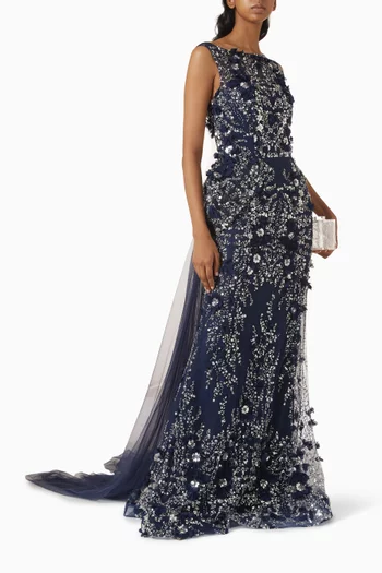3D Floral-applique Embellished Gown in Tulle