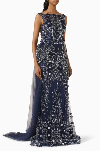 3D Floral-applique Embellished Gown in Tulle