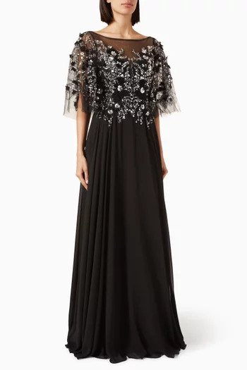 فستان سهرة بكاب وتطريزات زهور بارزة تول وشيفون