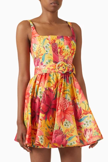 Irene Printed Flared Mini Dress in Linen