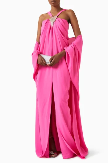 Embellished Applique Cape Gown in Crepe