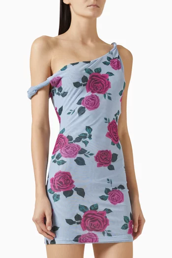 Rose-print Twist Mini Dress in Mesh