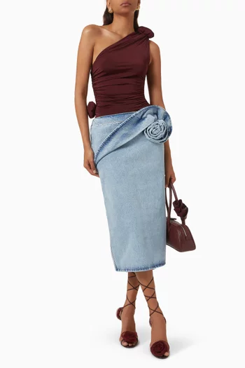 Floral Appliqué Midi Skirt in Denim