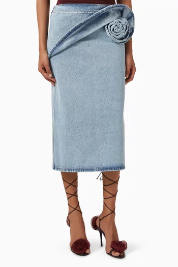 Floral Appliqué Midi Skirt in Denim