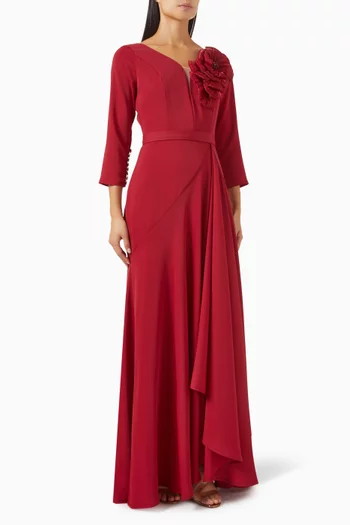 Beaded Floral Applique Dress in Crepe