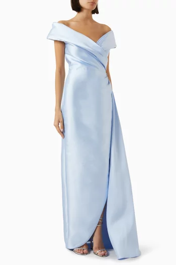 Off-shoulder Side Train Gown in Mikado