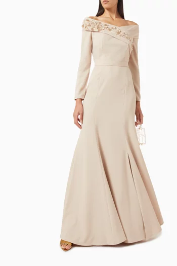 Beaded Floral Off-shoulder Dress in Crepe