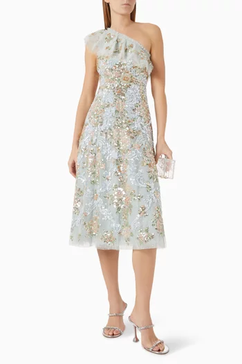 Baroque Floral One-shoulder Midaxi Dress in Tulle