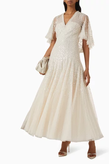 Dappled Sequin Cape Ankle Gown in Tulle