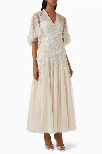 Dappled Sequin Cape Ankle Gown in Tulle