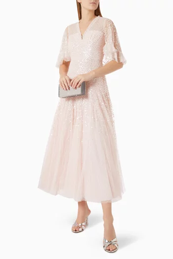 Dappled Sequin Cape Ankle Gown in Tulle